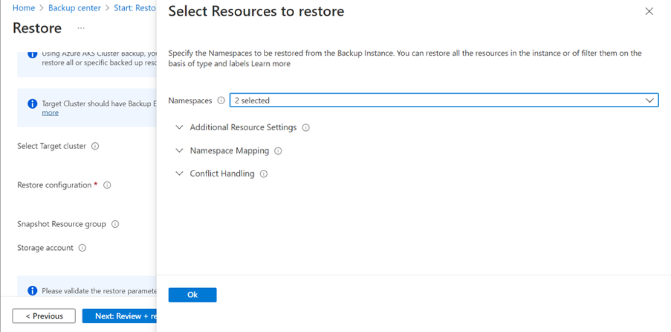 Captura de pantalla de la página Seleccionar recursos para restaurar.