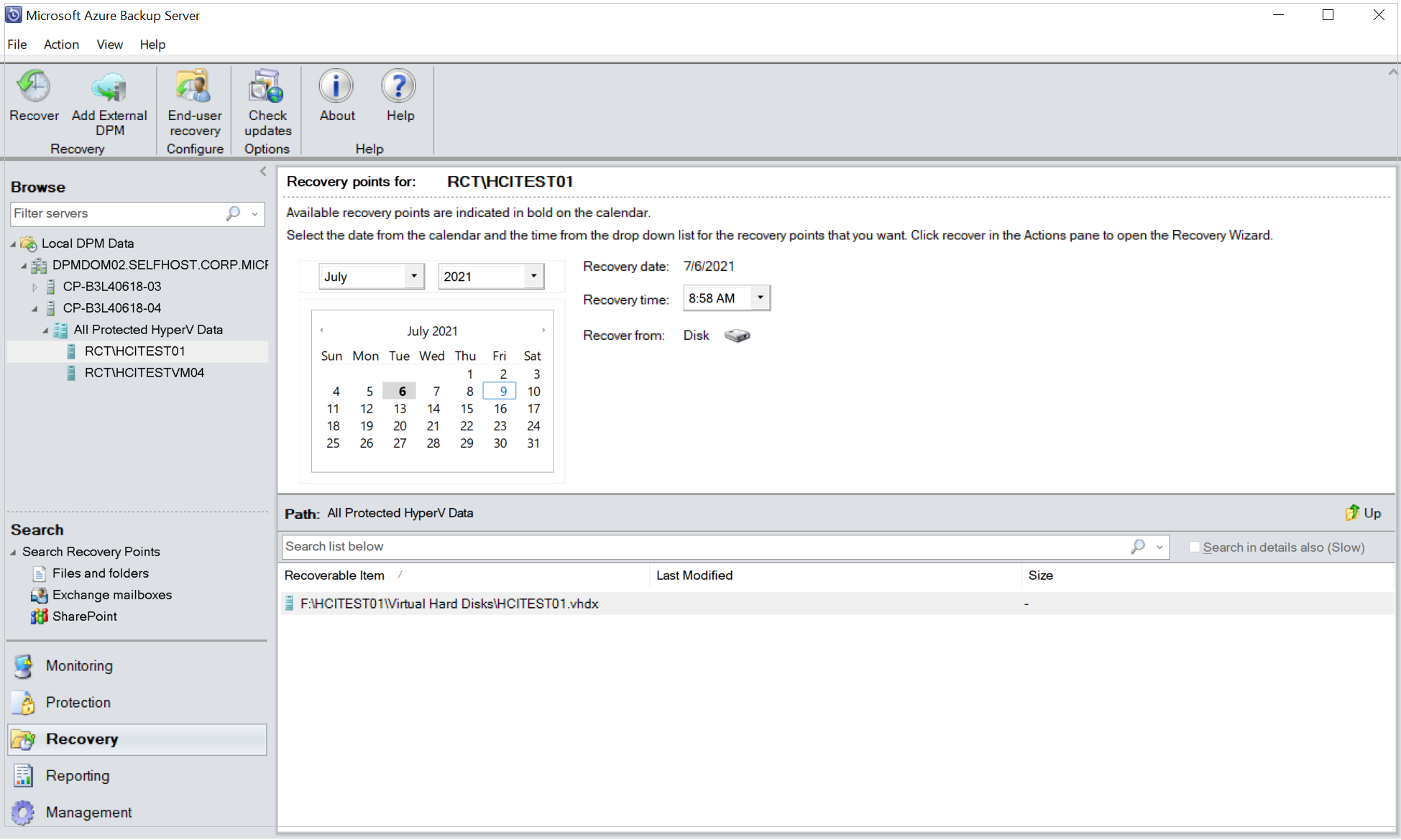 Captura de pantalla que muestra cómo recuperar archivos de una máquina virtual de Hyper-v desde el panel 