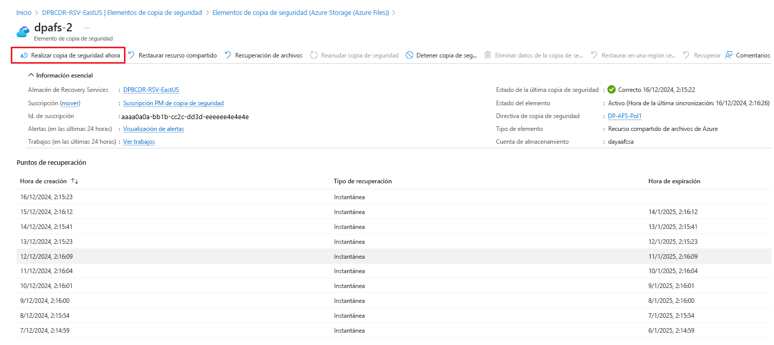 Captura de pantalla que muestra la selección de Realizar copia de seguridad ahora.