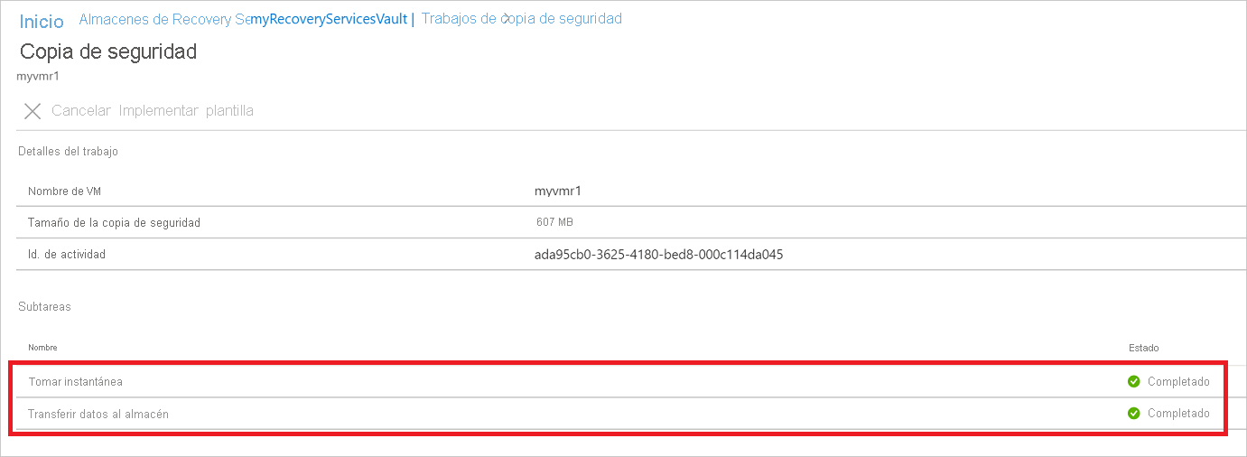 Subtareas de estado del trabajo de copia de seguridad