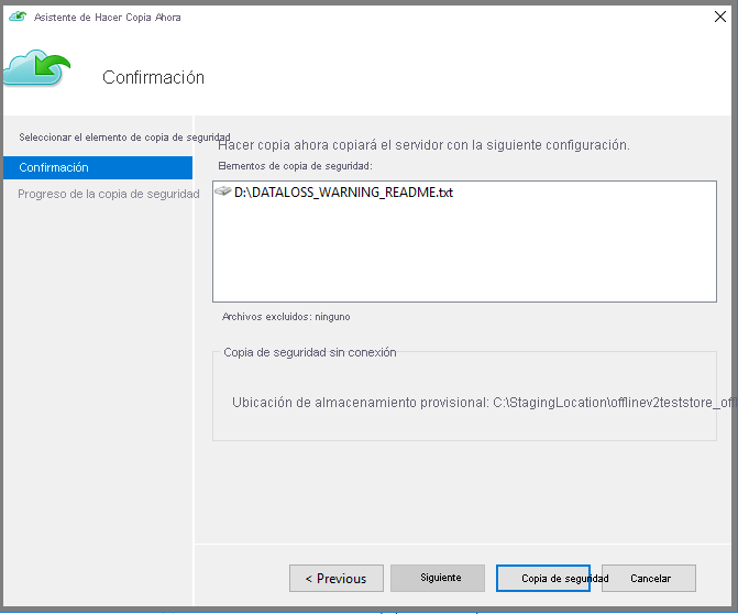 Captura de pantalla que muestra cómo confirmar e iniciar el proceso de copia de seguridad.