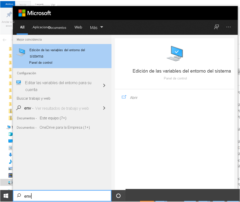 Captura de pantalla que muestra la opción para buscar la aplicación de configuración del entorno.
