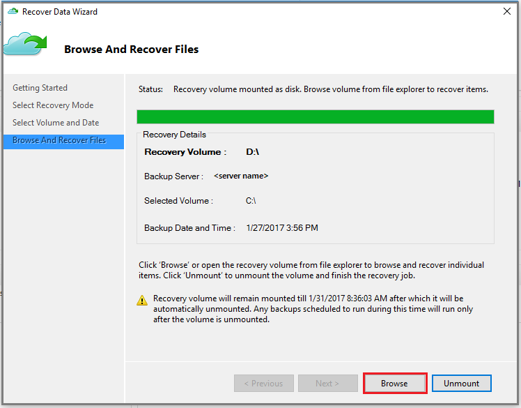 Captura de pantalla de la página Examinar y recuperar archivos del Asistente de recuperación de datos (restauración en la misma máquina)