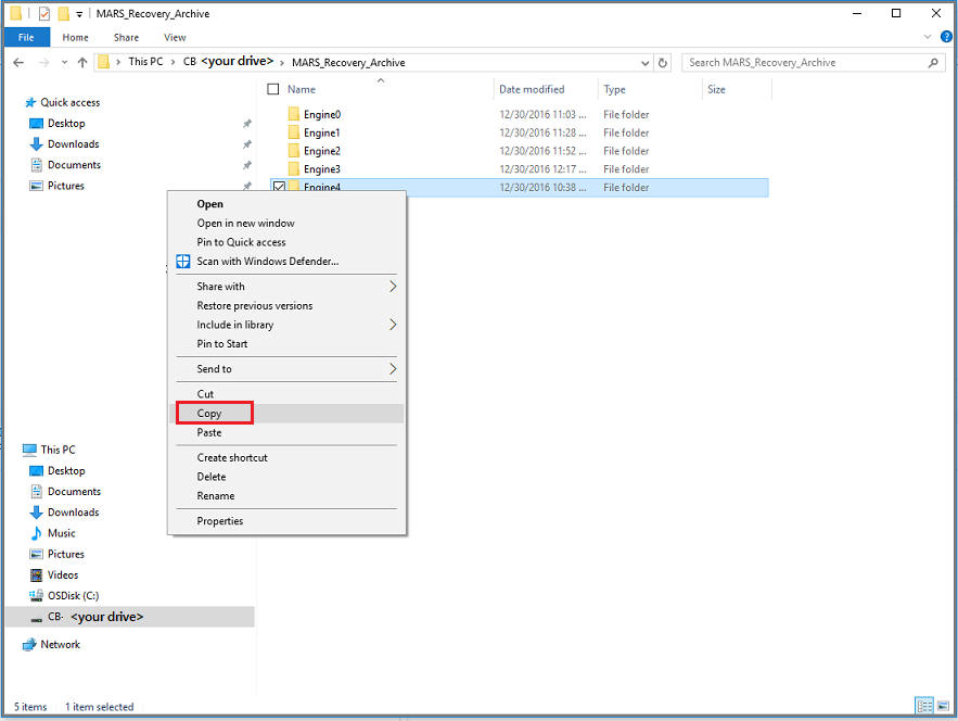 Captura de pantalla del Explorador de Windows con la opción Copiar resaltada (restauración en la misma máquina)