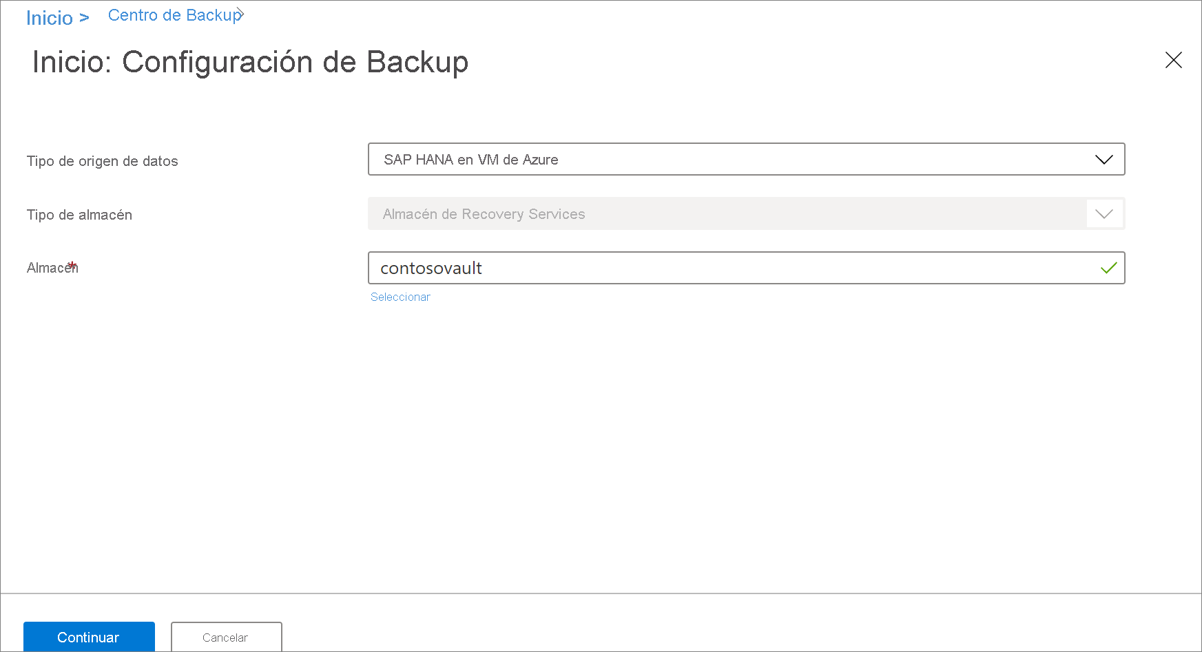Screenshot showing to select an SAP HANA database in Azure VM.