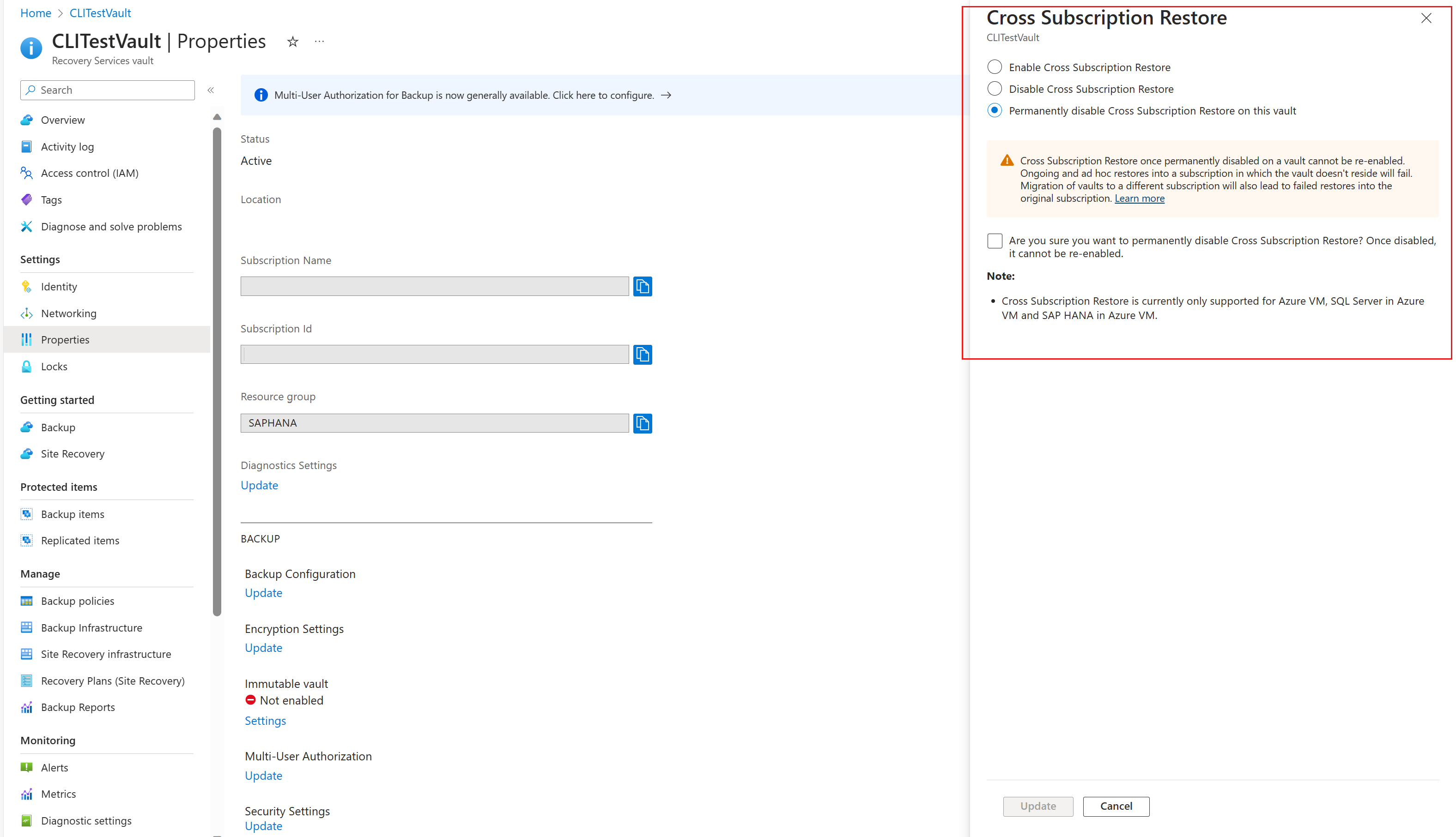 Screenshot shows how to disable Cross Subscription Restore for Backup vault.