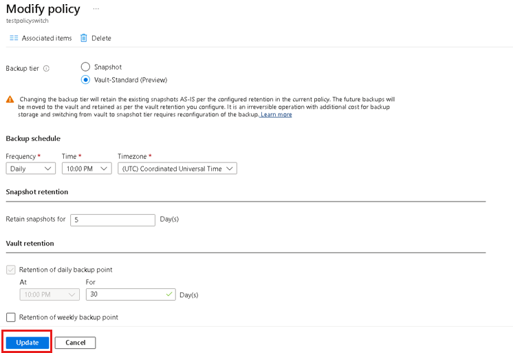 Captura de pantalla que muestra cómo modificar una directiva de copia de seguridad para un recurso compartido de archivos de Azure.