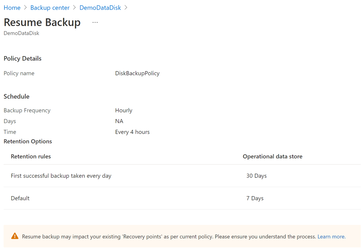Captura de pantalla que muestra la opción de reanudar la copia de seguridad de los discos.