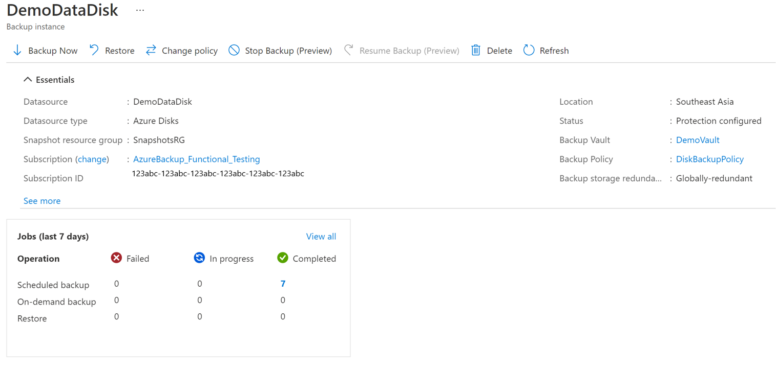 Captura de pantalla que muestra la selección de la instancia de copia de seguridad de disco de Azure que se va a detener.