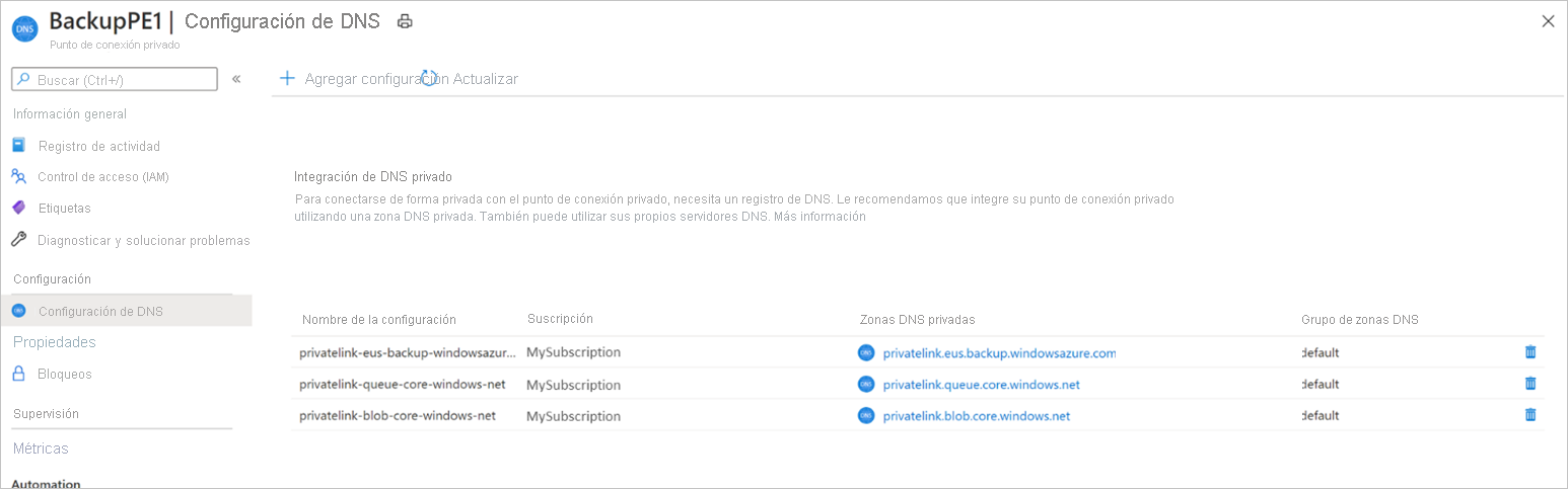 Configuración DNS en la zona DNS privada de Azure