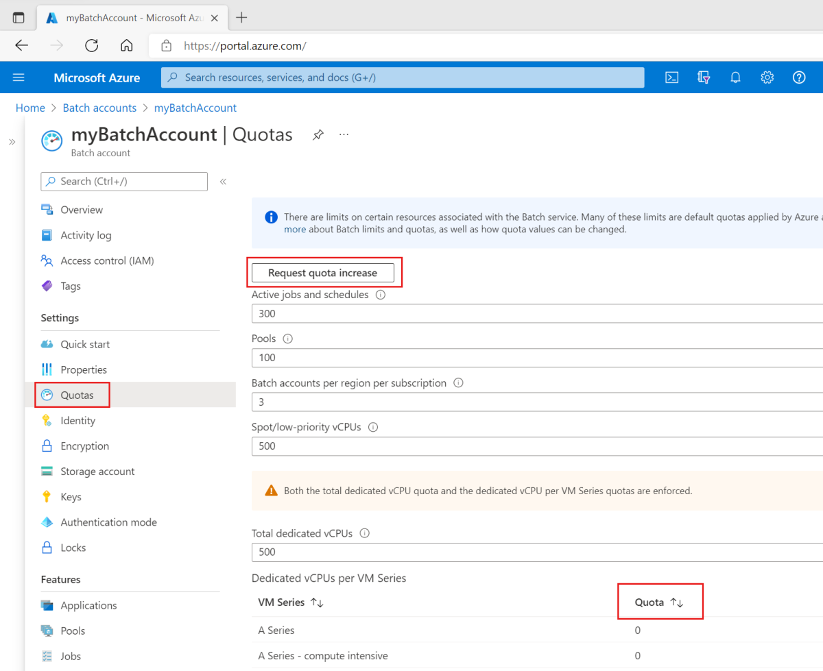 Captura de pantalla de la página de cuotas de la cuenta de Batch en Azure Portal. Aspectos destacados de la página de cuotas en el menú, botón para solicitar un aumento de cuota y columna de cuotas en la lista de recursos.