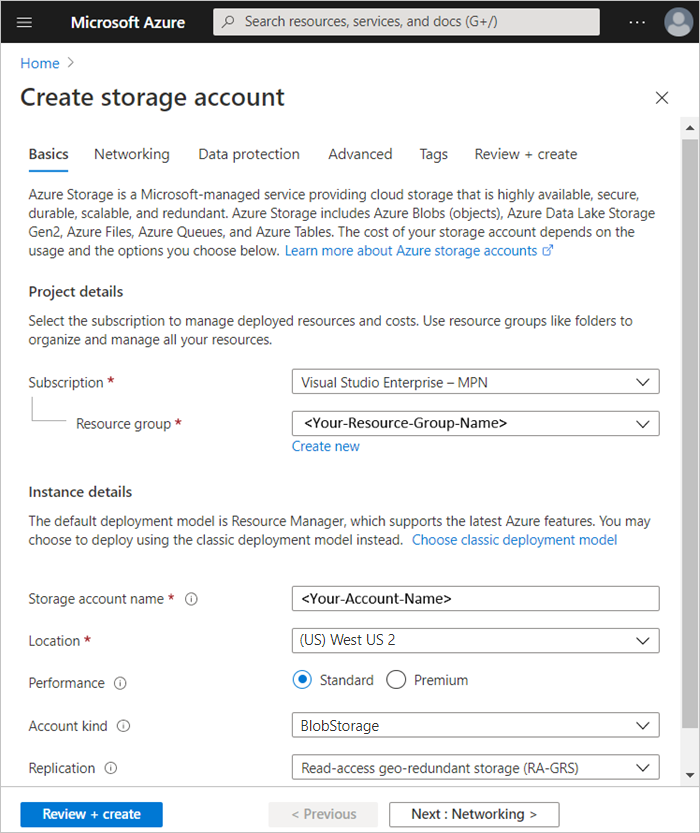 Captura de pantalla de la creación de una cuenta de Azure Storage.