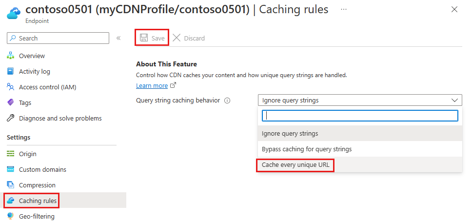 Captura de pantalla de la configuración de reglas de caché para un perfil de Azure Content Delivery Network.