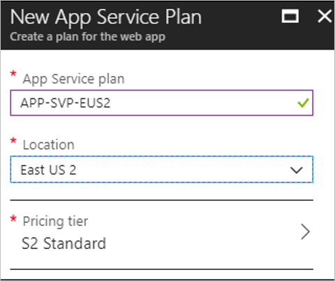 Captura de pantalla del panel de nuevo plan de App Service para crear un plan de App Service.