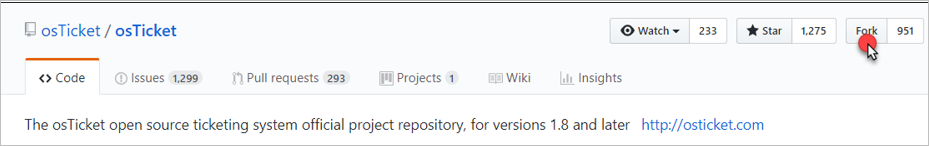 Captura de pantalla de la página del repositorio de GitHub con el botón Bifurcar resaltado.