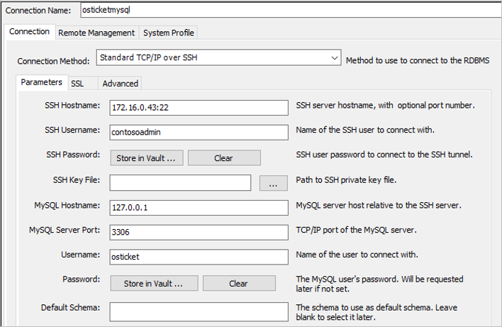 Captura de pantalla del panel de detalles de la conexión de MySQL Workbench.