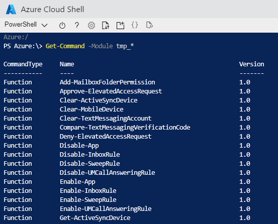 Captura de pantalla de una instancia de Azure Cloud Shell que ejecuta el comando Get-Command-Module tmp_*.