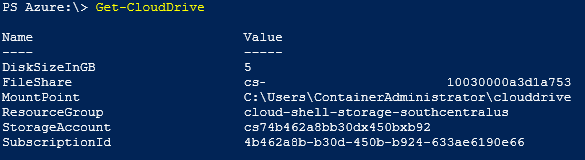 Captura de pantalla de la ejecución del comando Get-CloudDrive en PowerShell.