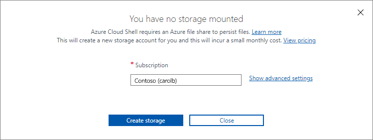 Captura de pantalla que muestra la solicitud de crear almacenamiento.