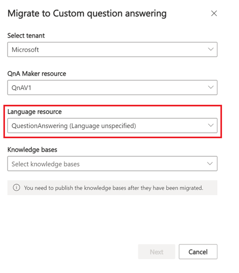 Migrate QnAMaker with red selection box around the language resource option currently selected resource contains the information that language is unspecified