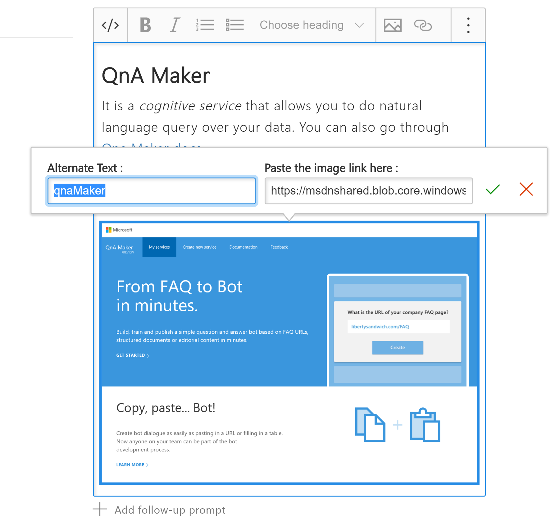 Captura de pantalla que muestra el editor en contexto con la dirección URL de la imagen de acceso público y el texto alternativo de la imagen especificados.