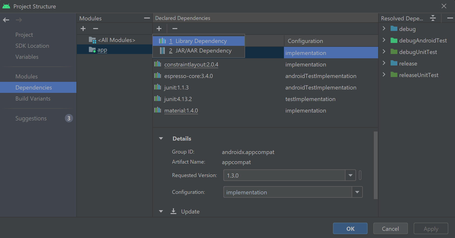 Captura de pantalla que muestra cómo agregar una dependencia de biblioteca en Android Studio.
