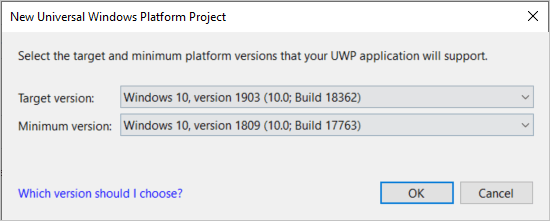 Captura de pantalla que muestra el cuadro de diálogo Nuevo proyecto de la Plataforma universal de Windows con las versiones mínima y de destino seleccionadas.