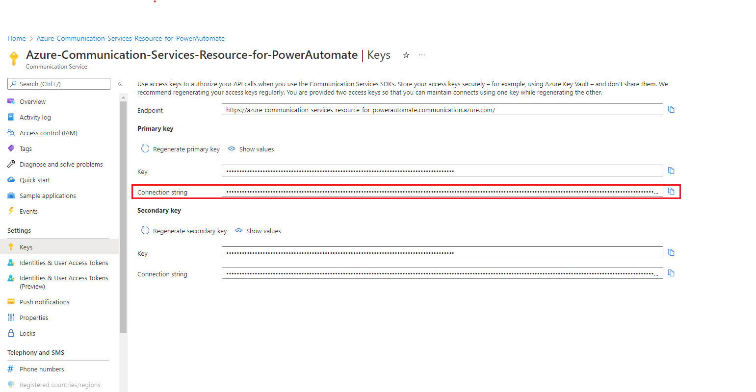 Captura de pantalla que muestra la página Claves en el recurso de Azure Communication Services.