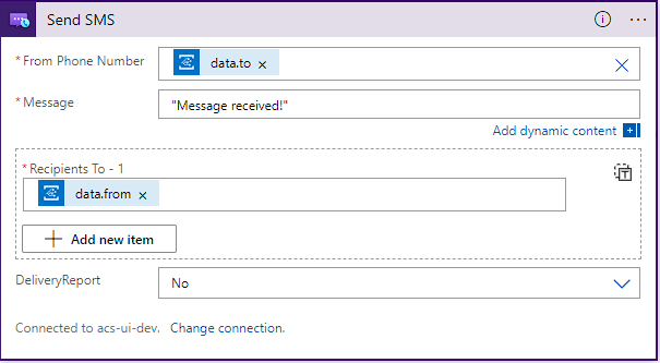 Captura de pantalla de la configuración del conector de SMS.