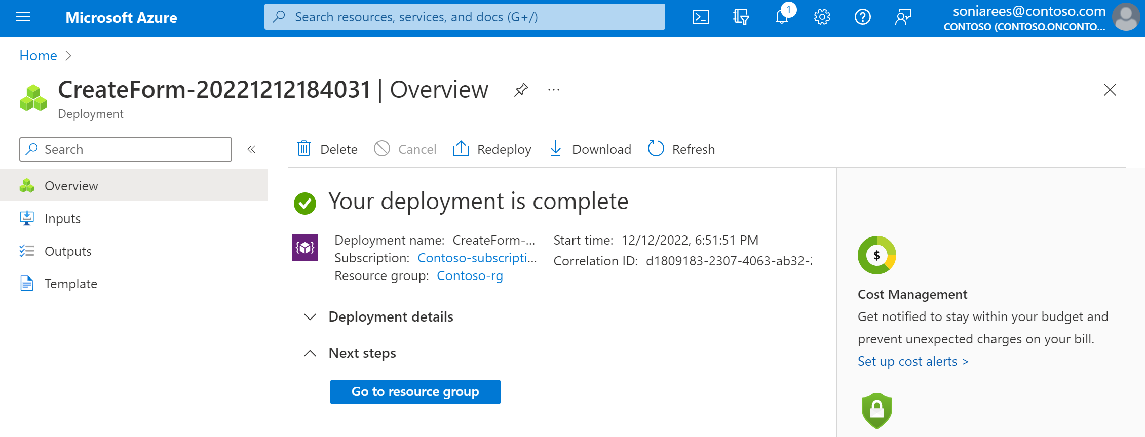 Captura de pantalla del portal Crear una puerta de enlace de comunicaciones de Azure, en la que se muestra una pantalla de implementación completada.