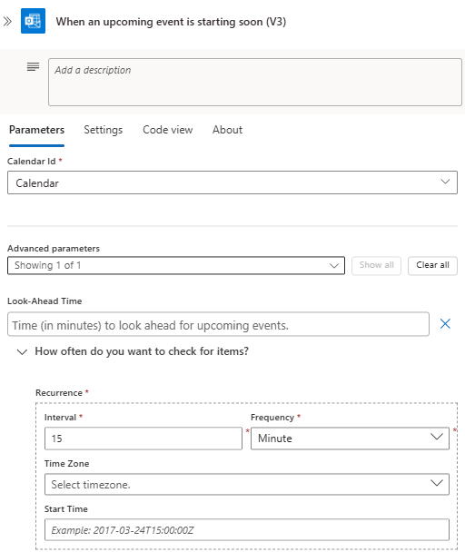 Captura de pantalla que muestra Azure Portal, el flujo de trabajo de Consumo y los parámetros de desencadenador.