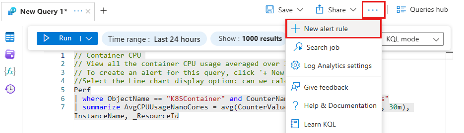 Captura de pantalla de la interfaz de Log Analytics en la que se resalta el botón Nueva regla de alerta.