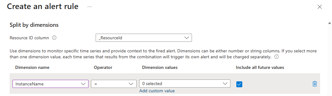 Captura de pantalla de la sección «Crear una regla de alerta > Dividir por dimensiones».