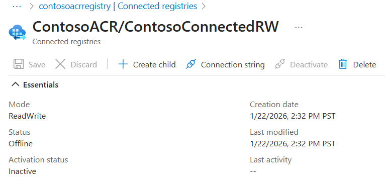 Captura de pantalla de un registro conectado que muestra su estado de conexión y otras propiedades.