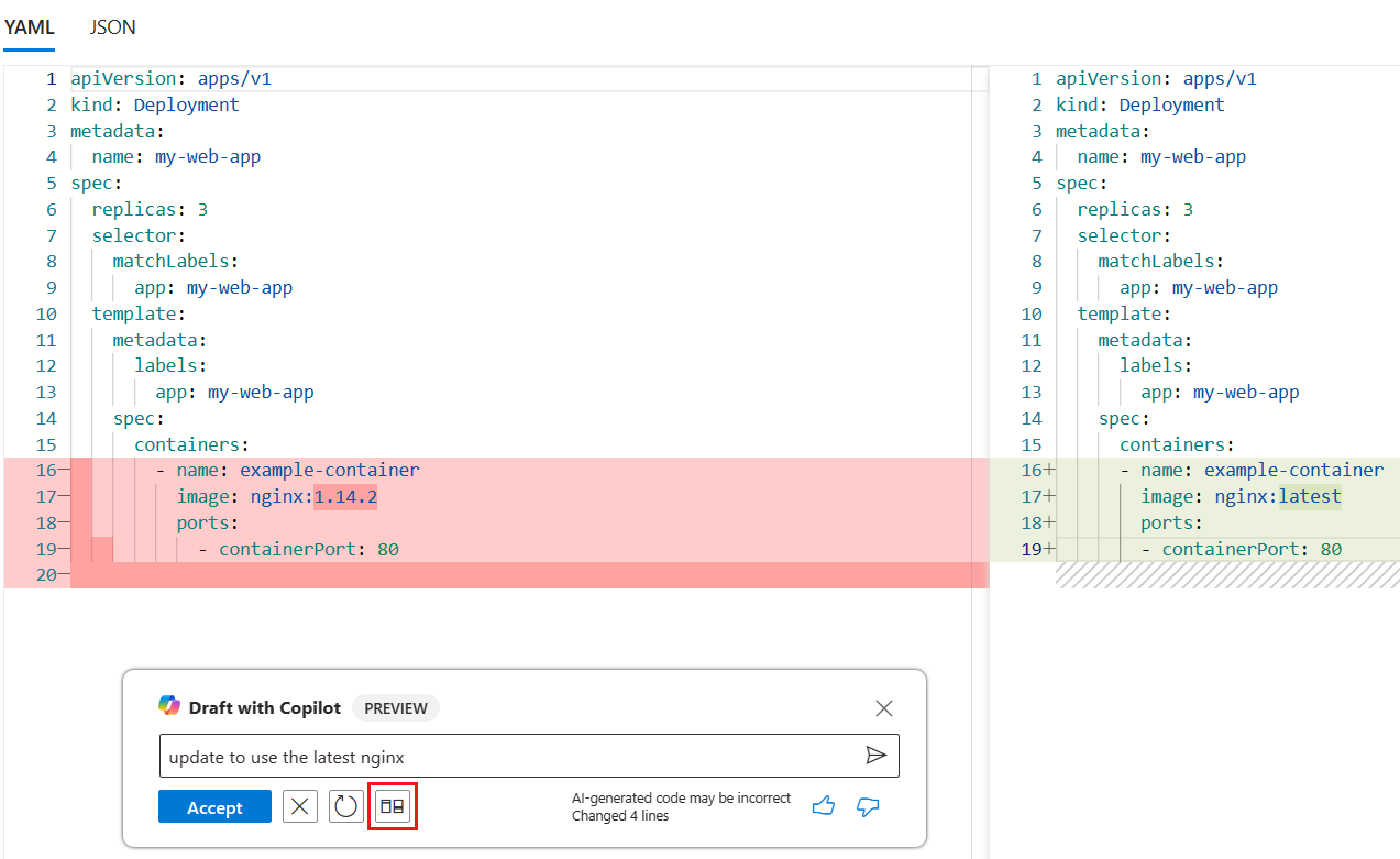 Captura de pantalla que muestra la vista de diferencias en paralelo en el editor de YAML de AKS, con el botón de alternancia resaltado.