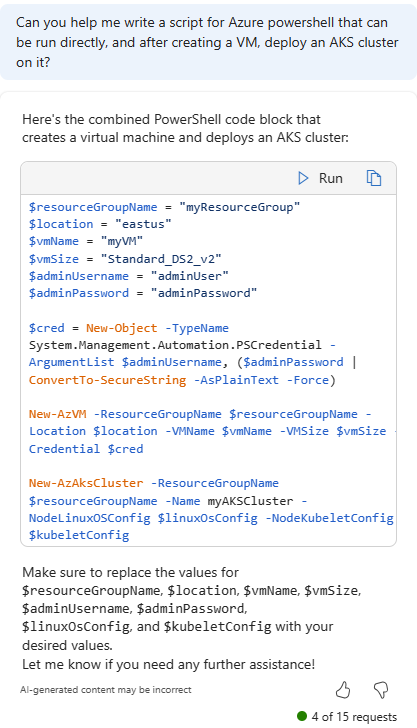 Captura de pantalla de Copilot en Azure que proporciona un script de PowerShell que crea una máquina virtual e implementa un clúster de AKS.