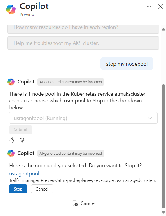 Captura de pantalla que muestra Microsoft Copilot en Azure que responde a una solicitud para detener un grupo de nodos de AKS.