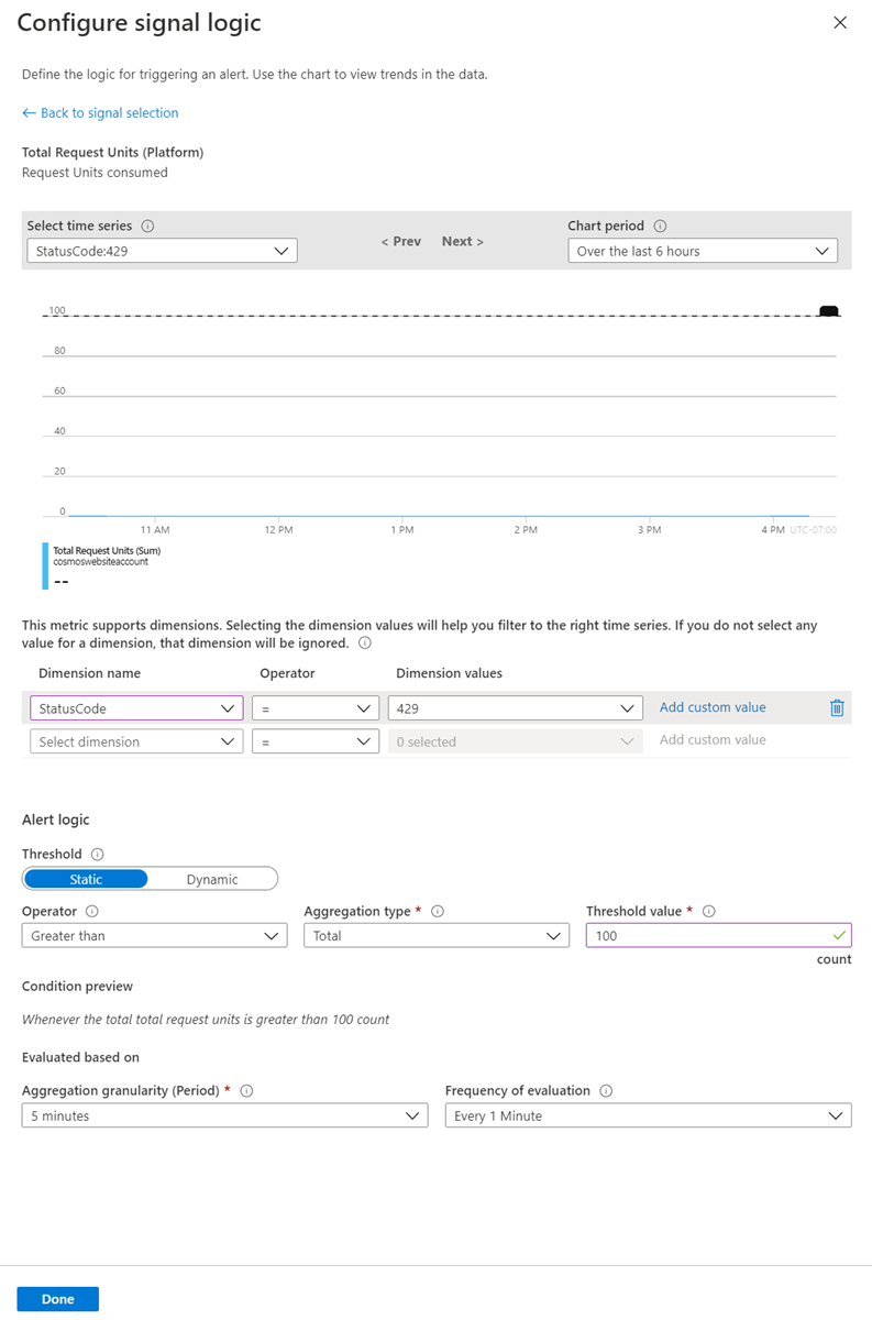 Configuración de la lógica para recibir alertas correspondientes a solicitudes 429 con tasa limitada