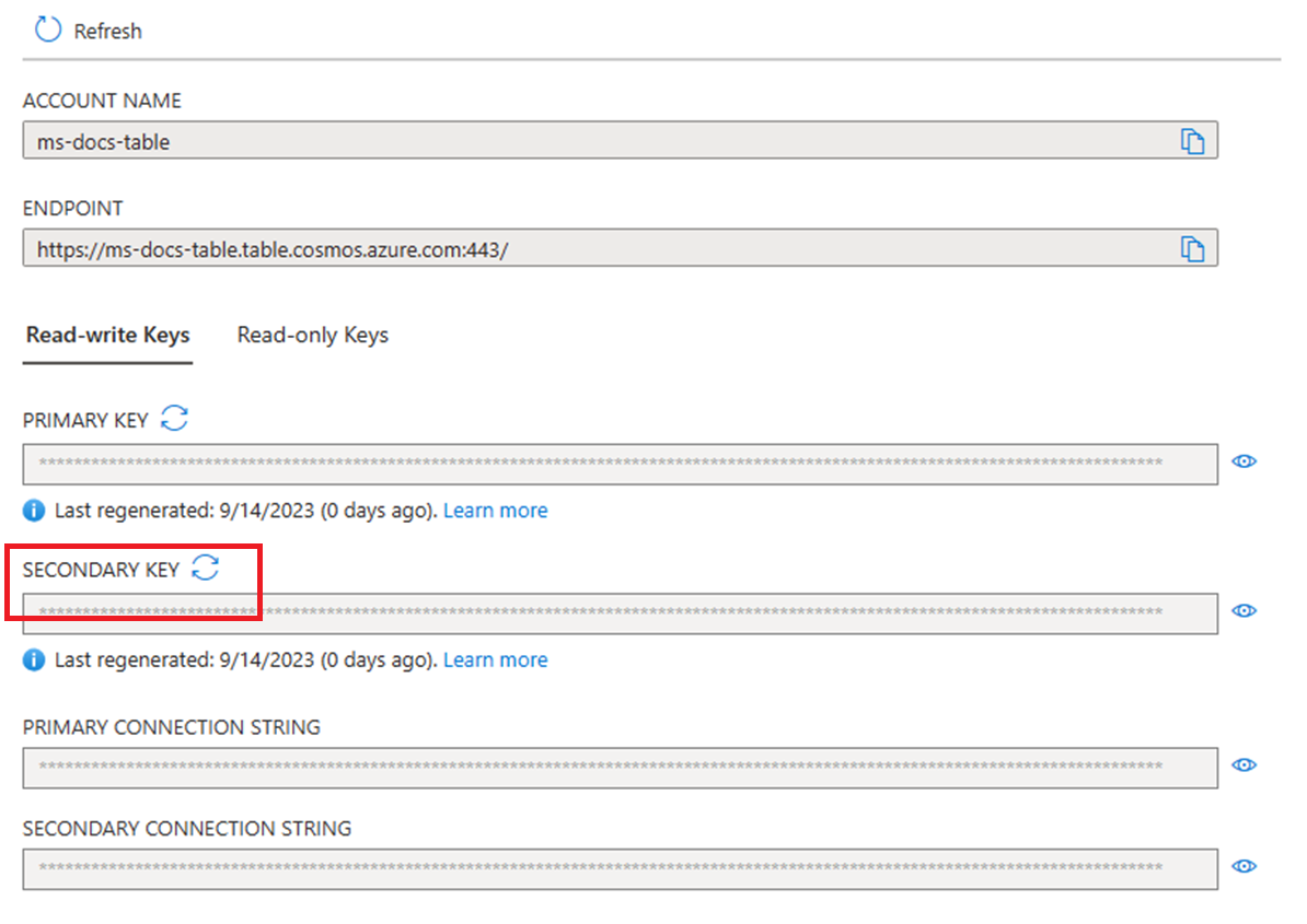 Screenshot showing how to regenerate the secondary key in the Azure portal when used with the Table API.