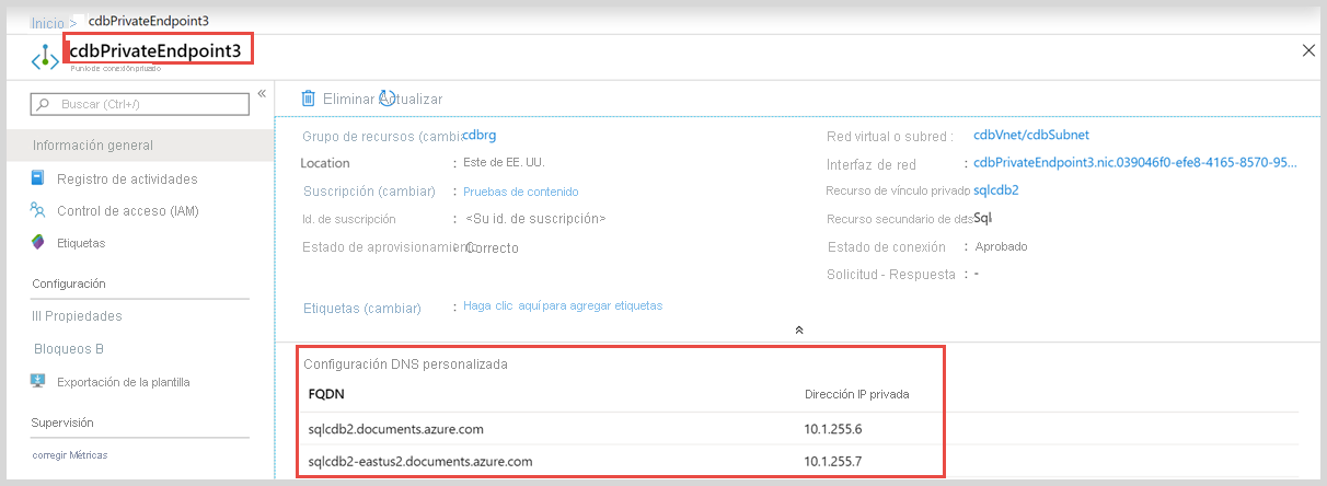 Captura de pantalla de direcciones IP privadas en Azure Portal