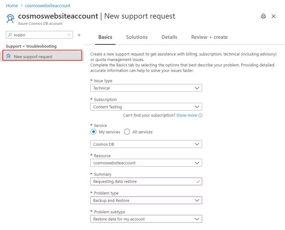 Captura de pantalla de la creación de una solicitud de soporte técnico de copia de seguridad mediante Azure Portal.