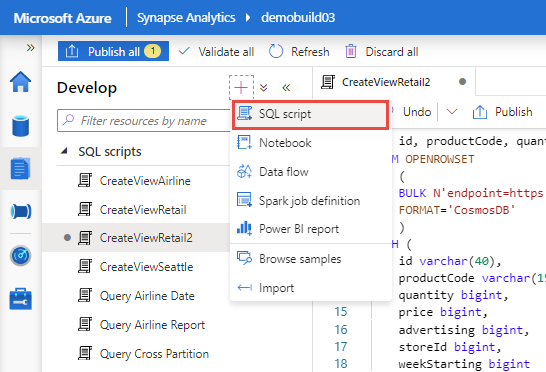 Incorporación de un script SQL al área de trabajo de Synapse Analytics