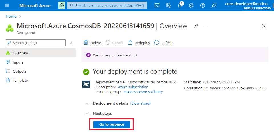 Screenshot of deployment page for Azure Cosmos DB DB SQL API resource.