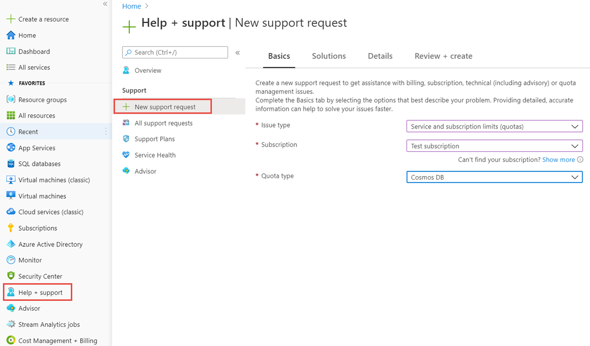 Crear una nueva solicitud de soporte técnico de Azure Cosmos DB para aumentar la cuota