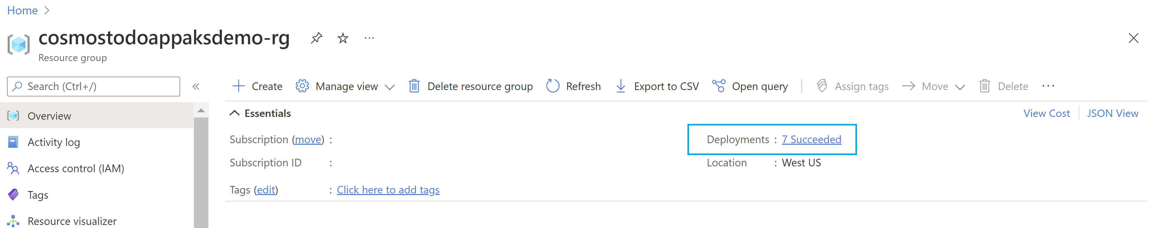 Captura de pantalla del estado de implementación del grupo de recursos en Azure Portal.