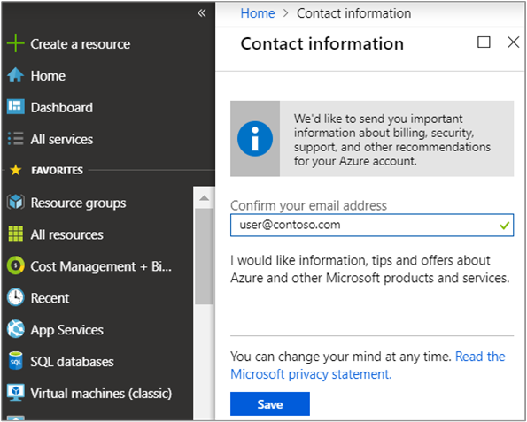 Captura de pantalla de ejemplo de actualización de una dirección de correo electrónico en Azure.