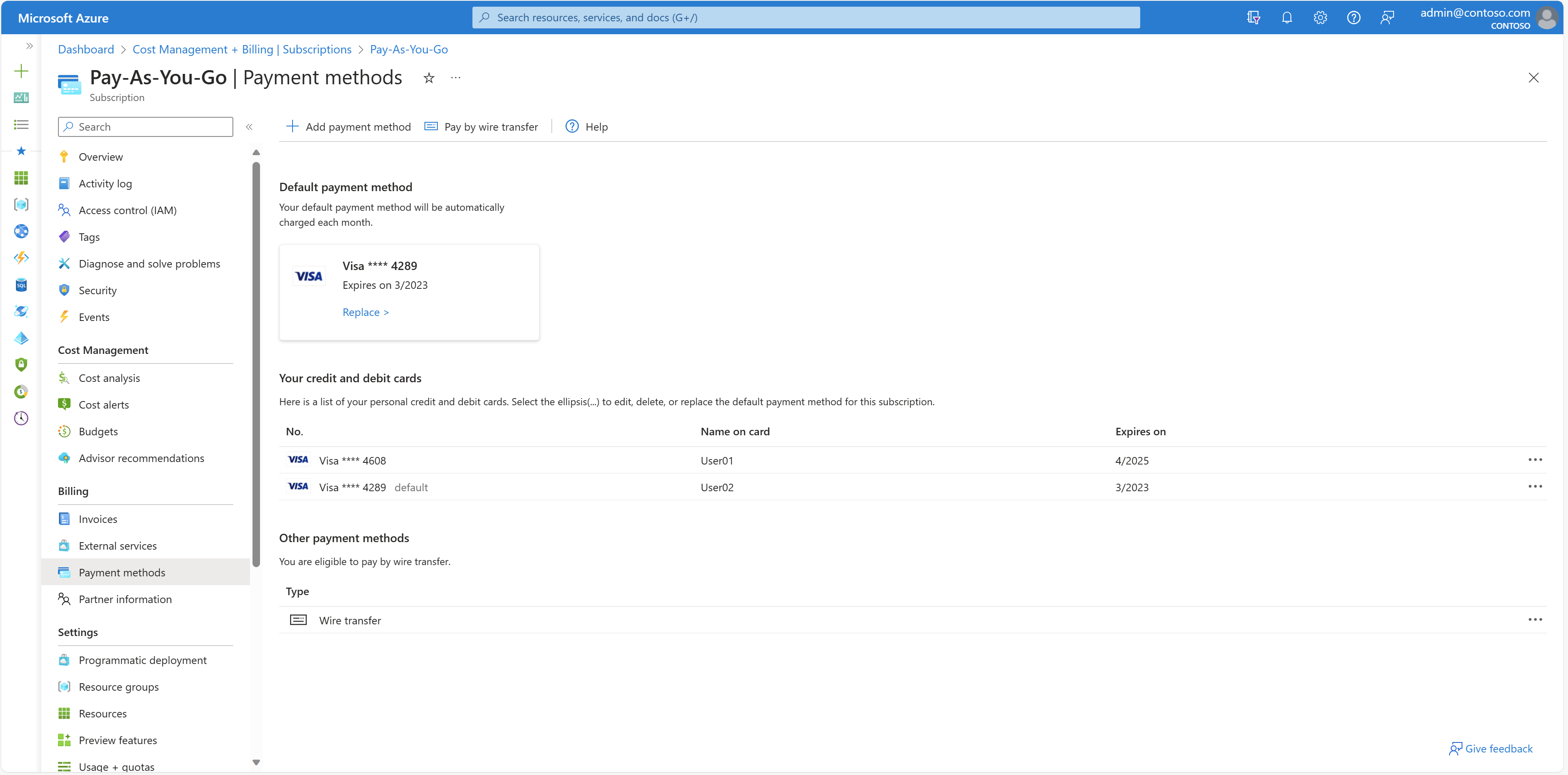Captura de pantalla que muestra la opción Administrar métodos de pago seleccionada.
