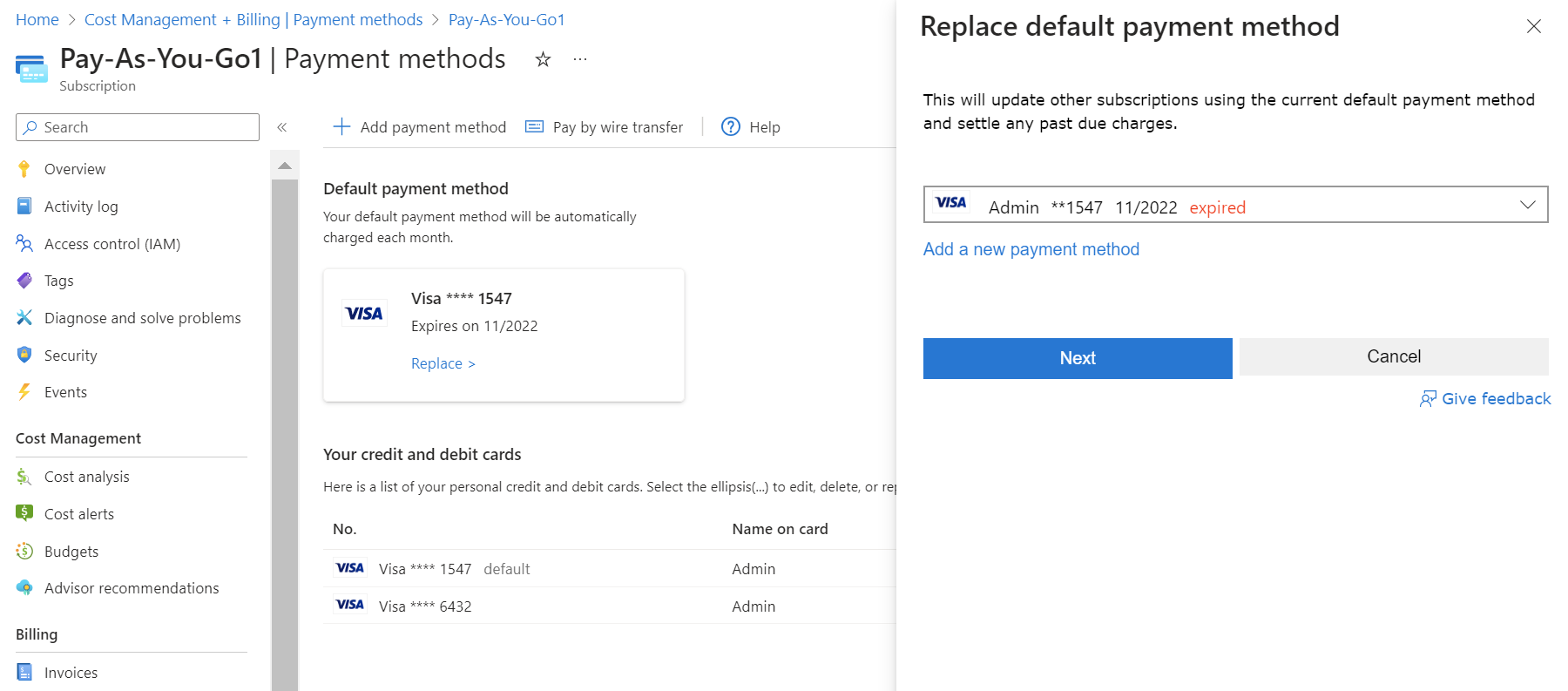 Captura de pantalla que muestra el cuadro Reemplazar método de pago predeterminado.