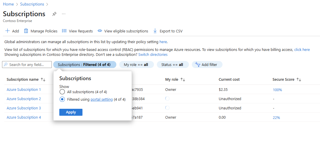 Filtro de página de suscripción por configuración del portal.