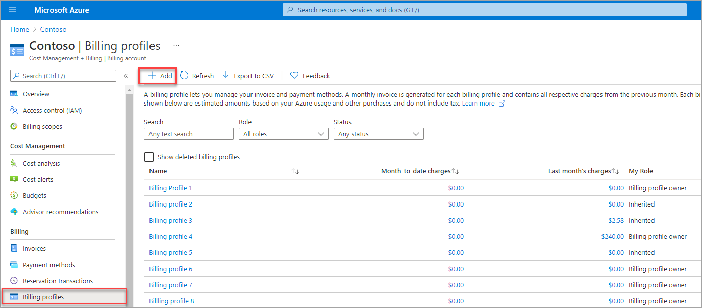 Captura de pantalla que muestra una lista de perfiles de facturación con la opción Agregar seleccionada.
